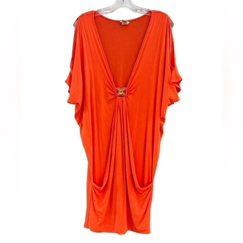 Trina Turk Women's Orange Cold Shoulder V Neck Medallion Mini Dress Size Small